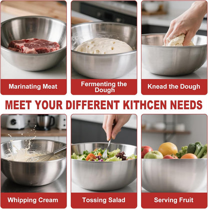 3-Piece Stainless Steel Mixing Bowls Set (6.69" 7.48" 8.27" inch) - Food Grade 304 with Measurement Marks, Dishwasher Safe & Stackable - Perfect for Baking, Salad Making, Meal Prep and Kitchen Use