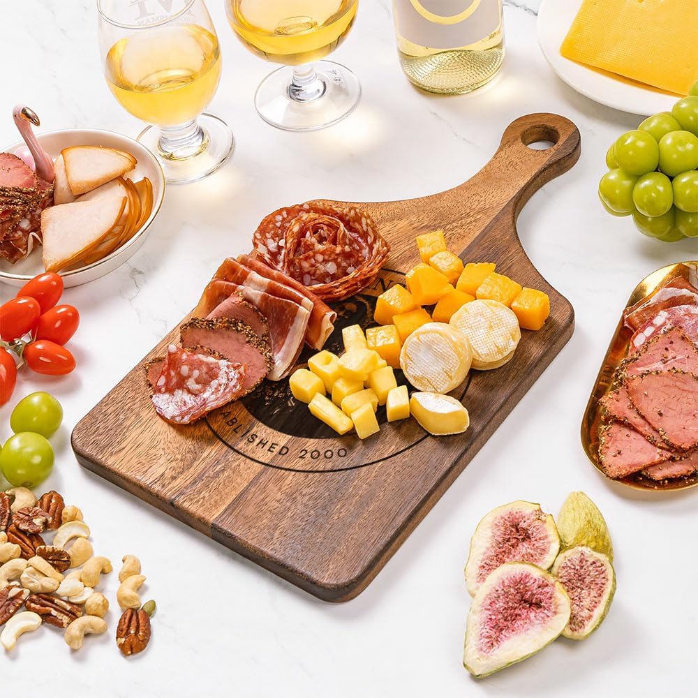 callie Personalized Cutting Board with Photo & Text & Date, Wooden Cutting Board Cheese Serving Tray with Handle, Housewarming Gifts (S, M, L)