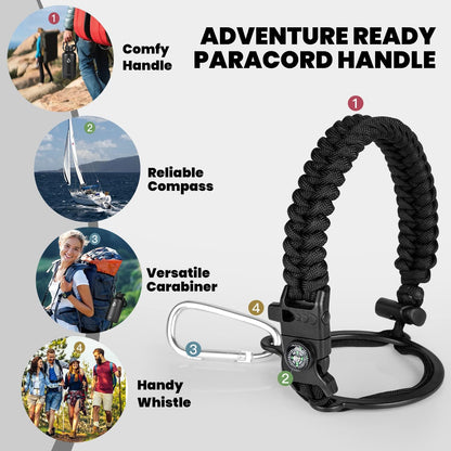 Insulated Water Bottle 64 oz, Triple Wall Vacuum Stainless Steel (Cold for 48 Hrs), Leak Proof & Non-BPA, Half Gallon Water Flask Jug with Paracord Handle & Straw Spout Lids, Magic Black