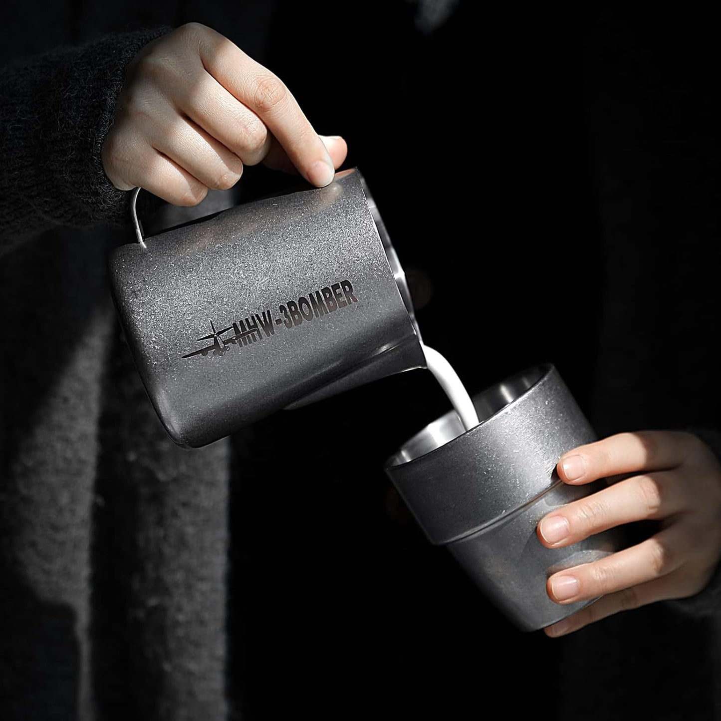 MHW-3BOMBER Milk Frothing Pitcher, 16oz/450ml Milk Frother Cup for Barista, SUS304 Stainless Steel Espresso Steaming Pitchers for Milk/Coffee/Latte Art, P3027SS-OS