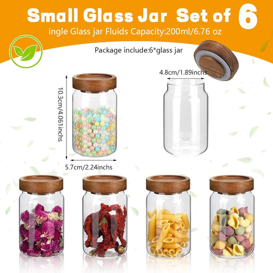 Small Glass Jars with Airtight Lid Spice Jar Round Food Storage Canister Clear Glass Seasoning Containers Jar for Pantry Sugar Tea Coffee Bean Spice Nuts Cookies Bath Salts (6 * 200ml(6.76oz))