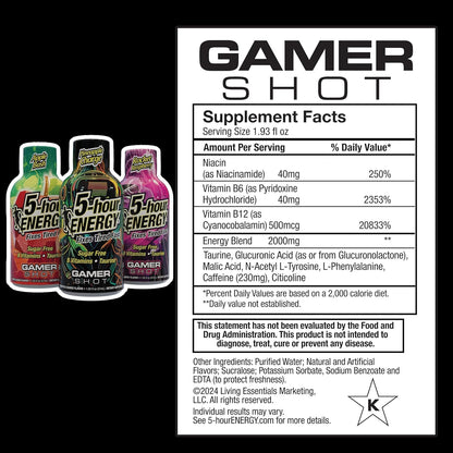 5-Hour Energy Gamer Shots Variety Pack, 24 Count (1.93 fl oz) - Extra Strength Apple Bash, Rocket Raspberry, Pineapple Charge Flavors