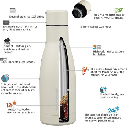 BJPKPK 12oz Water Bottles Stainless Steel Double Wall Vacuum Insulated Small Water Bottles for Travel,Beige