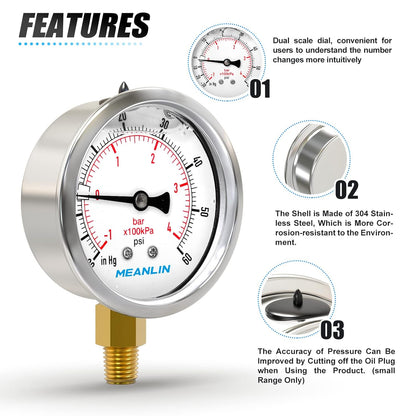 MEANLIN MEASURE -30inHG~60Psi Stainless Steel 1/8" NPT 2.5" FACE DIAL Vacuum Pressure Gauge, Lower Mount, with 1/4" NPT and 3/8" NPT Hex Bushing