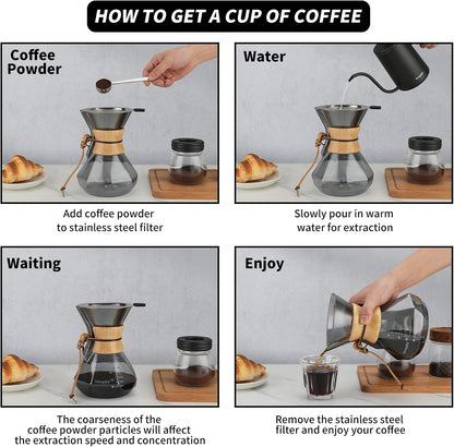 Mongdio 27 Oz Pour Over Coffee Maker with Stainless Steel Filter and Wooden Collar Holder, Borosilicate Glass Coffee Maker for Camping Home, 800ML/27OZ, Gray