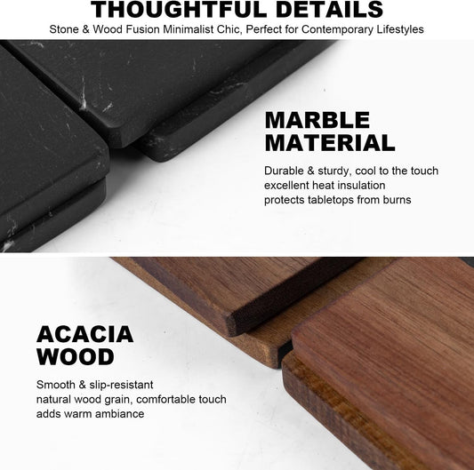 Marble Coasters: 4-Piece Set of Acacia Wood Marble Coasters, Suitable for Kitchens, Offices, and can be Used as Gifts (Black Square)