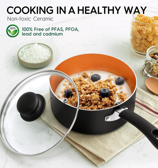 MICHELANGELO Nonstick Sauce Pan with Lid 1QT, 2QT & 3QT, Ceramic Saucepan Set, Copper Sauce pans, Non-Toxic Saucepan, Multipurpose Cooking Pots Set For Home Kitchen, Compatible induction