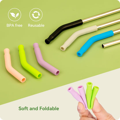 Snowfall 2 Pcs Replacement Metal Straws for Stanley 14 OZ, 20 OZ Tumbler, Stainless Steel Straws with Silicone Tip for 20 OZ Tumbler, Straw Brush (Apple Green)