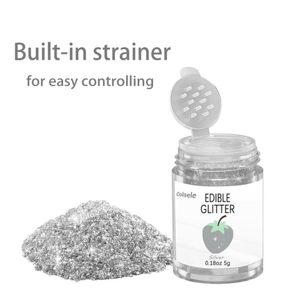 Silver Edible Glitter Glimmer Powder for Cakes Drinks - Colaele 5 grams Food Grade Luster Dust Metallic Food Decorating Sprinkle Disco Brew Dust for Cake Decorations Wine Beverage Candy Dessert, Vegan