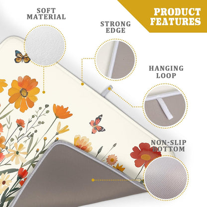 Fall Orange Wildflower Dish Drying Mat for Kitchen Counter,Autumn Floral Butterflies Drying Mat 18 x 24 Inch with Absorbent Reversible Microfiber Dish Drying Pad Dish Pad for Coffee Bar