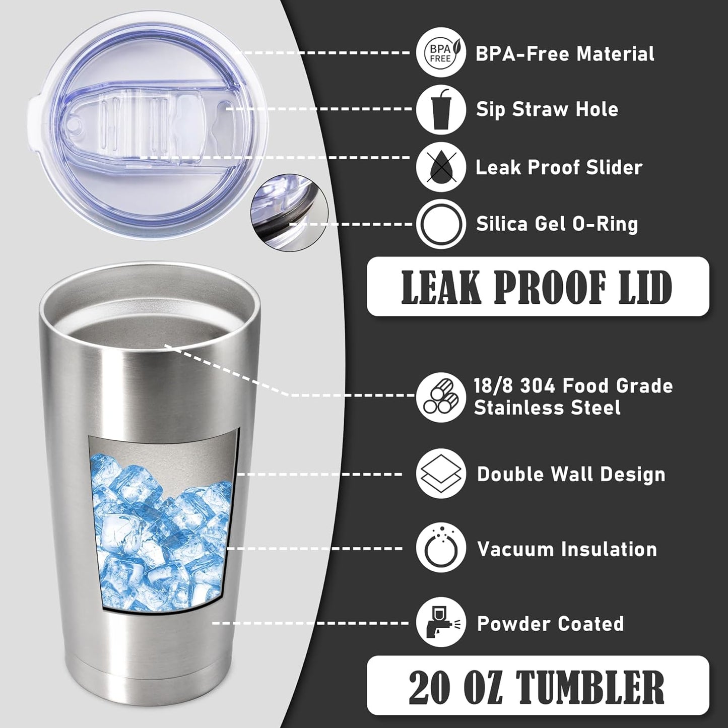 20 oz Tumbler Coffee Tavel Tumblers Bulk with Lid Stainless Steel Double Wall Vacuum Insulated Mug Powder Coated Cups fit Car Cupholder for Hot and Cold - Stainless Steel, 12Pack