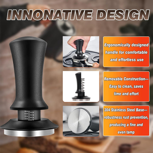 Coffee Espresso Tamper 51mm with WDT Tool Calibrated Spring Loaded,wdt tool espresso and Silicone Tamper Mat,Dosing funnel and coffee puck screen,Black espresso accessories Tool,12 replacement needles