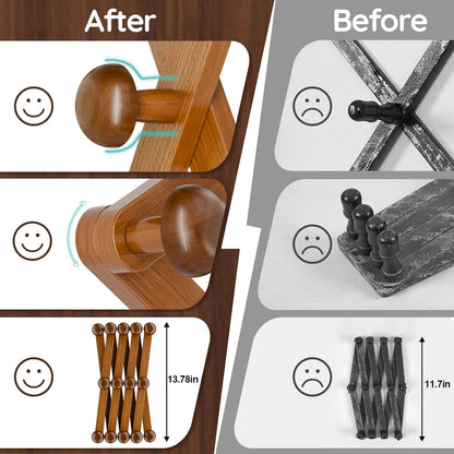 Accordion Wall Hanger 14 Hooks, Expandable Coat Rack Wall Mount for Coats, Hats, Bags, Baseball Caps, Solid Wooden