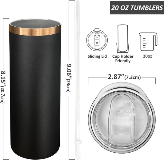 20 oz Skinny Tumblers Bulk 4 Pack, Stainless Steel Insulated Tumbler with Lids and Straws, Slim Double Wall Powder Coated Travel Coffee Mugs Reusable Cup for Hot Cold Drinks (Black,4 pack)