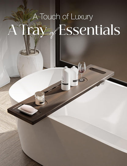 Tinamo Acacia Bathtub Tray Caddy with Adjustable Legs - Bath Tub Tray for Freestanding Tubs - 39x9.75 Inch Large Wooden Anti-Tipping Tub Tray for Bathtub with Accessories Holders (Walnut, 39x9.75)
