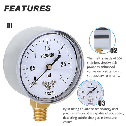 0-3 Psi Low Pressure Gauge, Capsule Gauge with 304 Stainless Steel Case, 2.5" Dial Size, 1/4" NPT Lower Mount, Zero Adjustment, for Air Water Gas Pressure Test