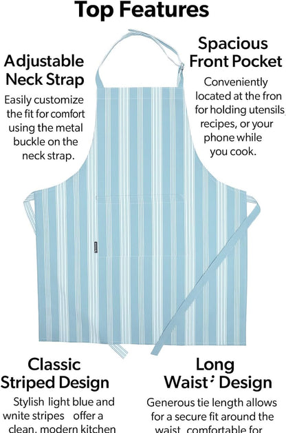 AMOUR INFINI Cotton Striped Aprons for Women with Pockets - Adjustable Strap and Waist Ties Printed Apron for Baking, Cooking, Gardening (27.5 x 33 Inches - Dove Blue)