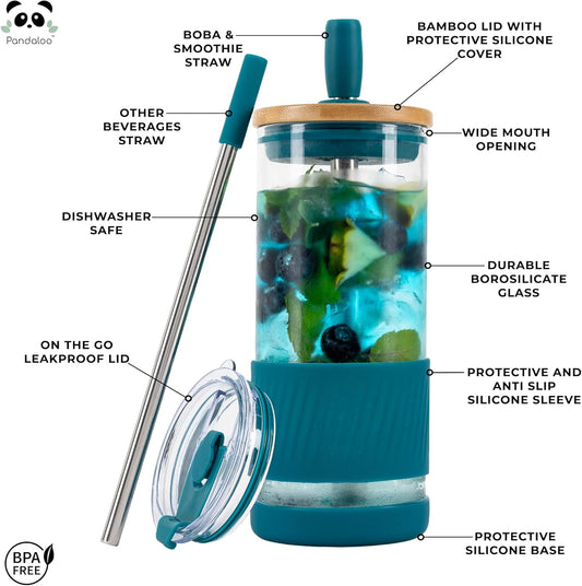 Pandaloo® Glass Cups With Lids and Straws -20 Fl Oz- Perfect Size Iced Coffee Cup - Smoothie Cup With Bamboo Lid and On the go Lid - Glass Tumbler With Straw (1 Count (Pack of 1), Intense Teal)