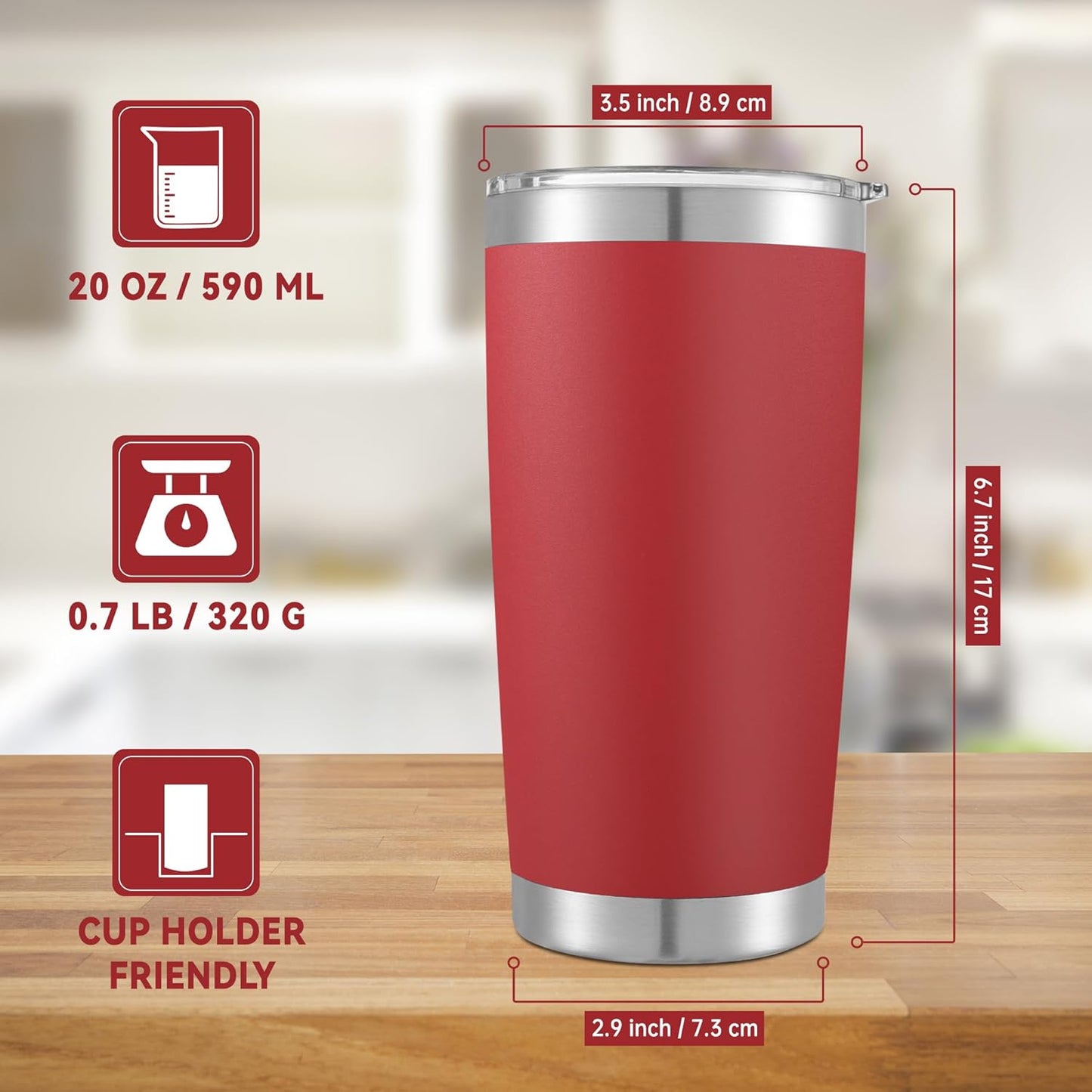 20 oz Tumbler Stainless Steel Tumblers with Lid Double Wall Vacuum Insulated Coffee Mug 20oz Powder Coated Cup for Hot and Cold Drinks, Red, 1 pack