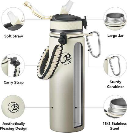 GOSWAG Insulated Sports Water Bottle, 24oz 2 Lids(with Straw/No Straw), Stainless Steel Water Bottles with Paracord Handle, Insulated Bottle with Double-Wall Vacuum Insulation