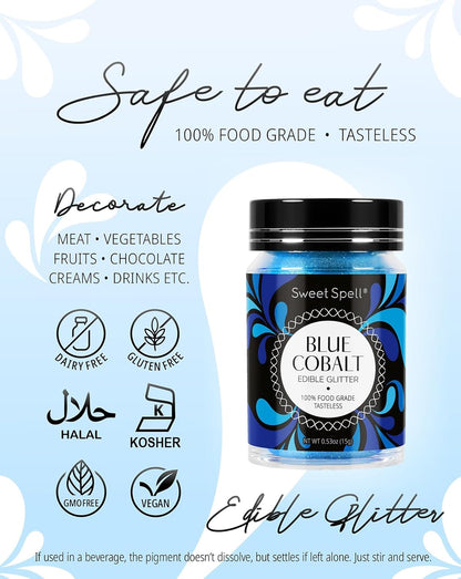 Sweet Spell Edible Glitter (15g) - Shimmer Sparkles for Drinks, Cakes, Cocktails - 100% Edible & Food Grade Glitter, Vegan, Gluten-Free (Blue)