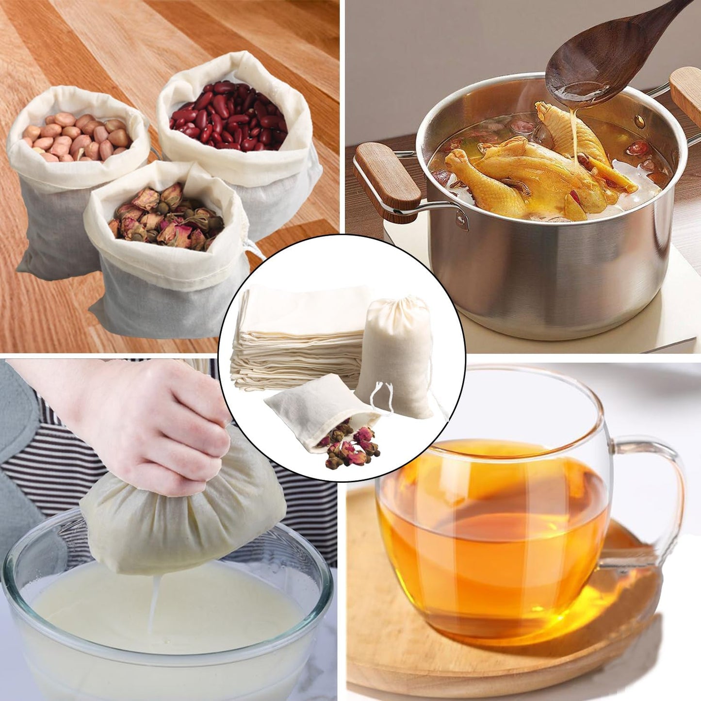 Eketirry Spice Bags, 10pcs Reusable Empty Tea Bags, Muslin Strainer Bags, Soup Bags for Cooking, Natural Cotton Fine Mesh Cheesecloth Bags for Cold Brew Coffee(2 x3Inch)
