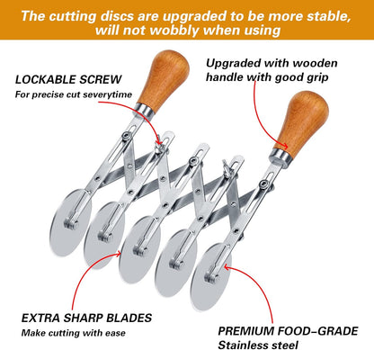 Juome 5 Wheel Pastry Cutter with Wooden Handle, Multi-Round Wheel Pasta Dough Cutter Roller Pizza Slicer Accordion Pastry Knife Divider Tool