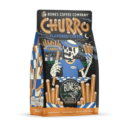 Bones Coffee Company Churro, Sweet Sugary Cinnamon Flavored Coffee, Medium Roast Low Acid Arabica Beans Compatible with Auto drip and French Press Coffee Maker, 12 Oz Whole Bean