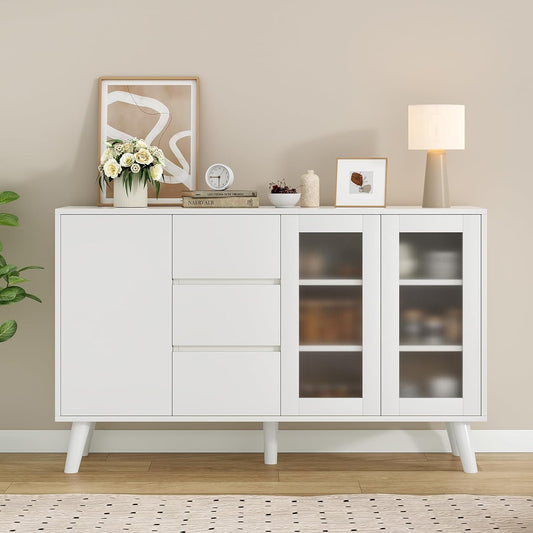 Soohow Farmhouse Buffet Cabinet, 55.5" Coffee Bar with 3 Drawers and Pop-Up Doors, Large Rustic Sideboard for Dining Room, Kitchen, Hallway, and Living Room