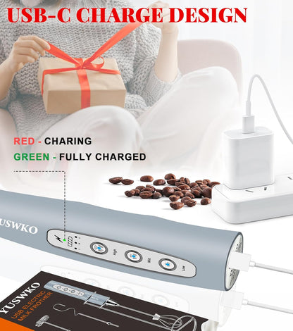 YUSWKO Rechargeable Milk Frother for Coffee, Handheld Drink Mixer with 3 Heads 3 Speeds, Ideal Electric Stirrers for Travel