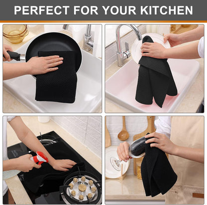 Kitinjoy 100% Cotton Waffle Weave Kitchen Towels, 4-Pack Super Soft and Absorbent Dish Towels for Drying Dishes, Kitchen Hand Towels, 13 in x 28 in, Black