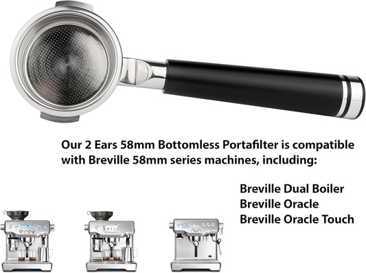 LILQ 58mm Bottomless Naked 2 Ears Portafilter Compatible with Breville Machines– Includes 18–20g Basket (Aluminum Flat, 58mm For Breville)