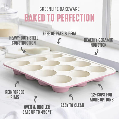 GreenLife 12-Cup Muffin Pan, Healthy Ceramic Nonstick Bakeware, PFOA & PFAS-Free Cupcake Sheet, Durable, Versatile Kitchen Essentials, Easy Clean Muffin Mold, Pink