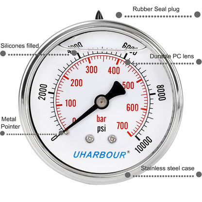 Glycerin Filled Pressure Gauge 10000psi/700bar, Stainless Steel case, Brass Inside Construction, 2-1/2" dial, 1/4" NPT Back Connection.…