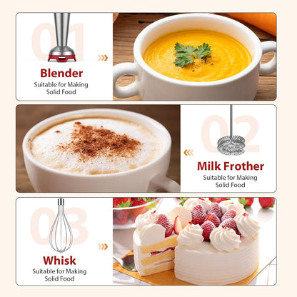 KOIOS Immersion Blender, 1000W Anti-scratch 3-in-1 Hand Blender, Upgraded 12 Speed Stainless Steel Blade Stick Blender with Turbo Mode, Whisk and Milk Frother, Non-BPA, Red