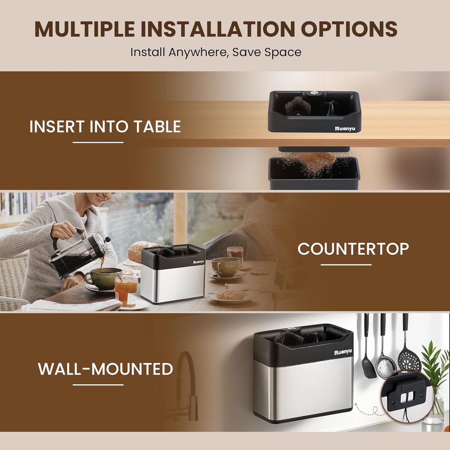 Huanyu Portafilter Cleaner Electric, 3L with Dual Brush Heads, 3 Scrapers for 58mm and 51mm Portafilters, Automatic Coffee Grounds Cleaning Machine