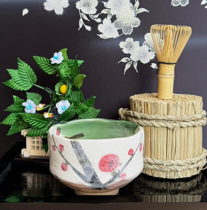 Japanese Traditional Mino Ware Handcrafted Mini Matcha Chawan Tea Bowl Cup Set with Chasen Bamboo Tea Whisk Ceremony Tableware Pottery (Oribe Ume)