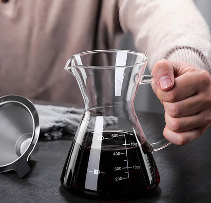 Pour Over Coffee Maker with Reusable Stainless Steel Drip Filter, Glass Drip Coffee Maker Set, Lead-Free Borosilicate Glass Coffee Carafe for 1-4Cup, Clear (500ml/17oz)