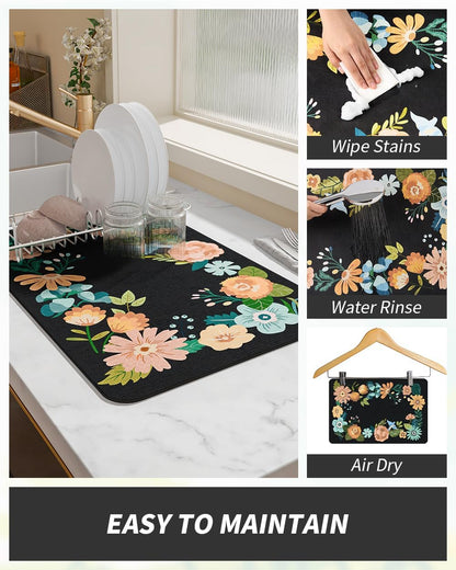 AMOAMI Coffee Mat Hide Stain Rubber Backed Absorbent Dish Drying Mat for Kitchen Counter - Bar Accessories Fit Under Coffee Maker, Espresso Machine, Dish Rack - Floral Black 12x19