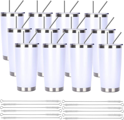 Pandance 20oz Stainless Steel Insulated Tumblers with Lid and Straw Bulk, Double Wall Vacuum Water Cups for Hot & Iced Coffee Drinks Travel Mug (White, 12 pack)