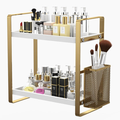 Bathroom Counter Organizer, Wood Vanity Trays with Basket, Skincare Countertop Organizers, Large Capacity Makeup and Perfume Organizer