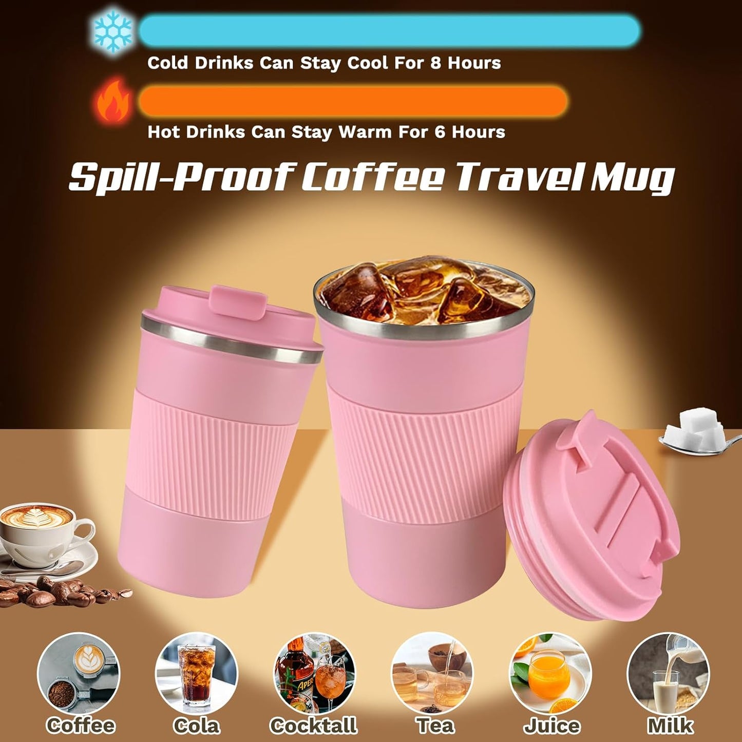 Vacuum-Insulated Stainless Steel Travel Coffee Mug, Leak-Proof Reusable Coffee Cup with Lid - Keep Hot & Cold Drinks for Hours, Durable Thermos Tumbler for Men & Women (3rd-Pink, 17OZ)