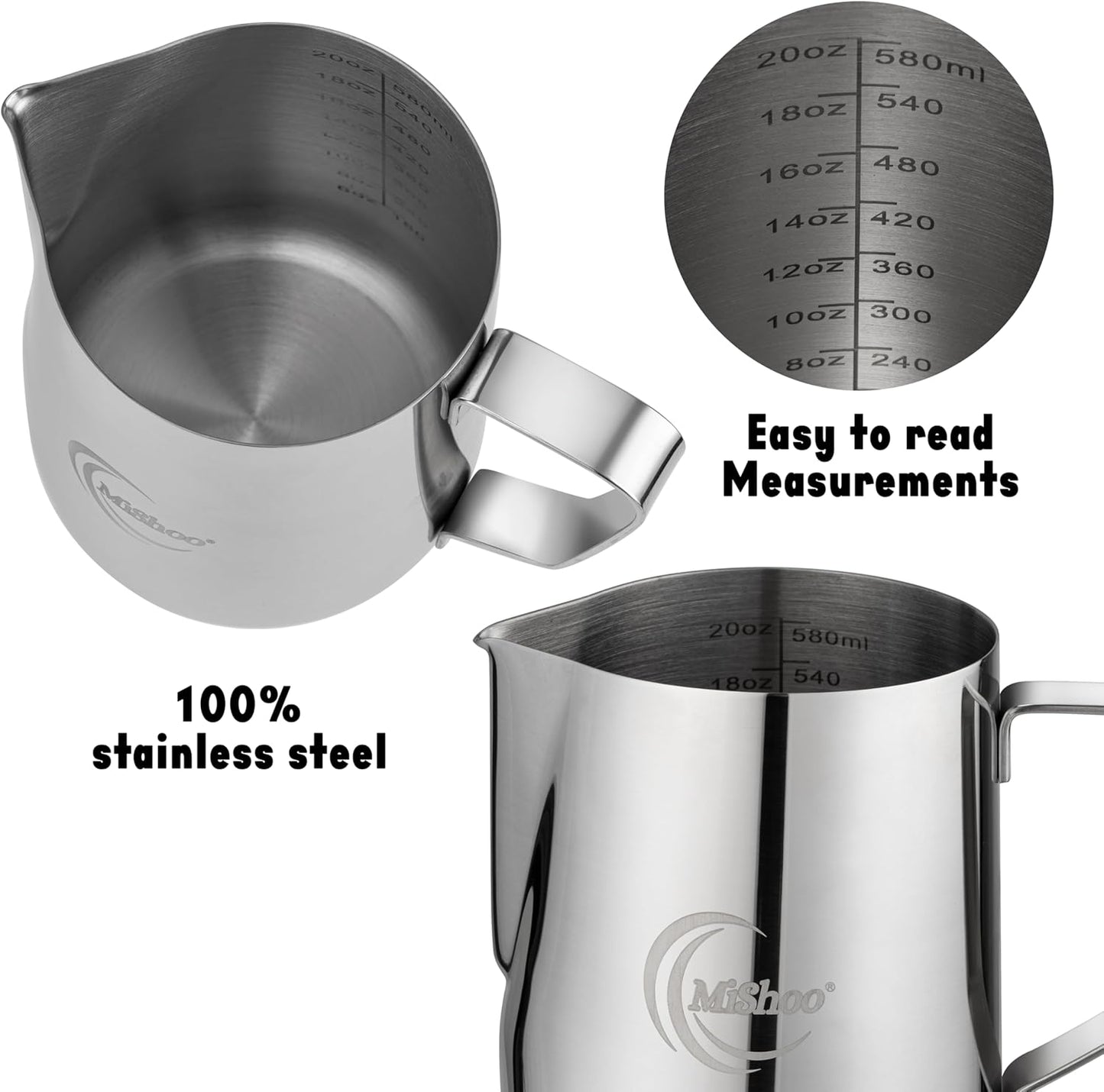 MiShoo® Milk Frothing Pitcher, 20oz Steaming Pitcher 304 Stainless Steel Espresso Machine Accessories for Coffee Bar, Cappuccino Barista Tools Milk Jug Steamer Frother Cup with Latte Art Pen