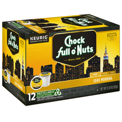 Chock Full o'Nuts Soho Morning Coffee, Mild Roast, Compatible with K-Cup Pods, 12 CT (Pack of 3)