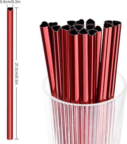 NiHome 16-Pack Heart-Shaped Stainless Steel Drinking Straws with 2 Cleaning Brushes, 8.5" Long Reusable Straws for Stanley Tumbler 14oz, Dishwasher Safe, Safe Edges for Kids (Pearl Red)