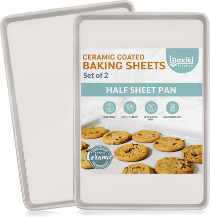 Boxiki Kitchen Nonstick Ceramic Baking Sheet/Cookie Sheet - Set of 2, Durable and Easy to Clean Baking Pans for Kitchen - Dishwasher and Freezer Safe, PFAS-Free (Half Sheet Pan)