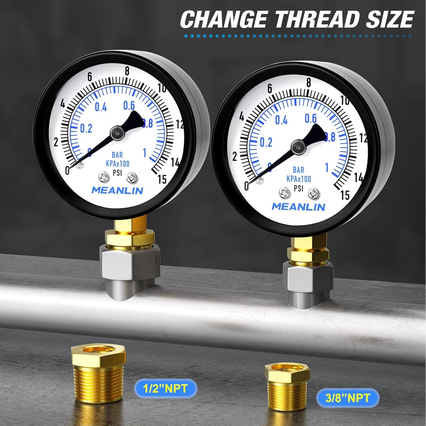 MEANLIN MEASURE 0-15Psi 2" DIAL FACE 1/4" NPT Well Pump Pressure Gauge, with 1/2" NPT and 3/8" NPT Hex Bushing, 3-2-3% Accuracy, Lower Mount