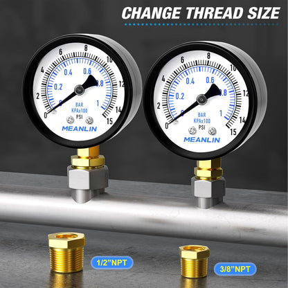 MEANLIN MEASURE 0-15Psi 2" DIAL FACE 1/4" NPT Well Pump Pressure Gauge, with 1/2" NPT and 3/8" NPT Hex Bushing, 3-2-3% Accuracy, Lower Mount