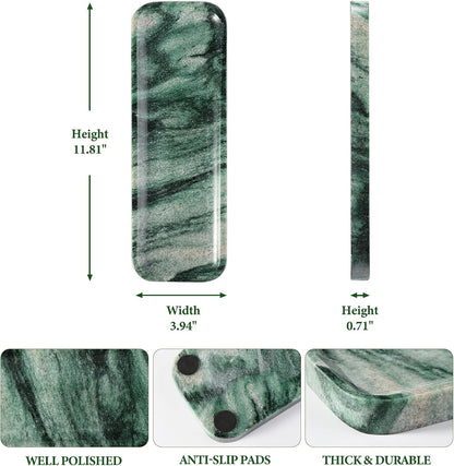 Koville Marble Tray for Bathroom Sink, 12"x4" Natural Stone Vanity Tray for Kitchen Dresser Countertop, Rectangular Decorative Marble Tray for Jewelry Perfume Trinket(Green)