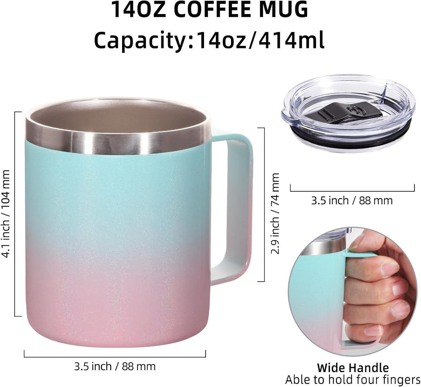 Volhoply 14oz Insulated Stainless Steel Coffee Mug with Lid Bulk 4 Pack,Double Wall Vacuum Travel Coffee Cup with Handle,Reusable Cups Tumbler,Camping Mugs Keep Hot,Ideal Gifts(Green Pink,4)